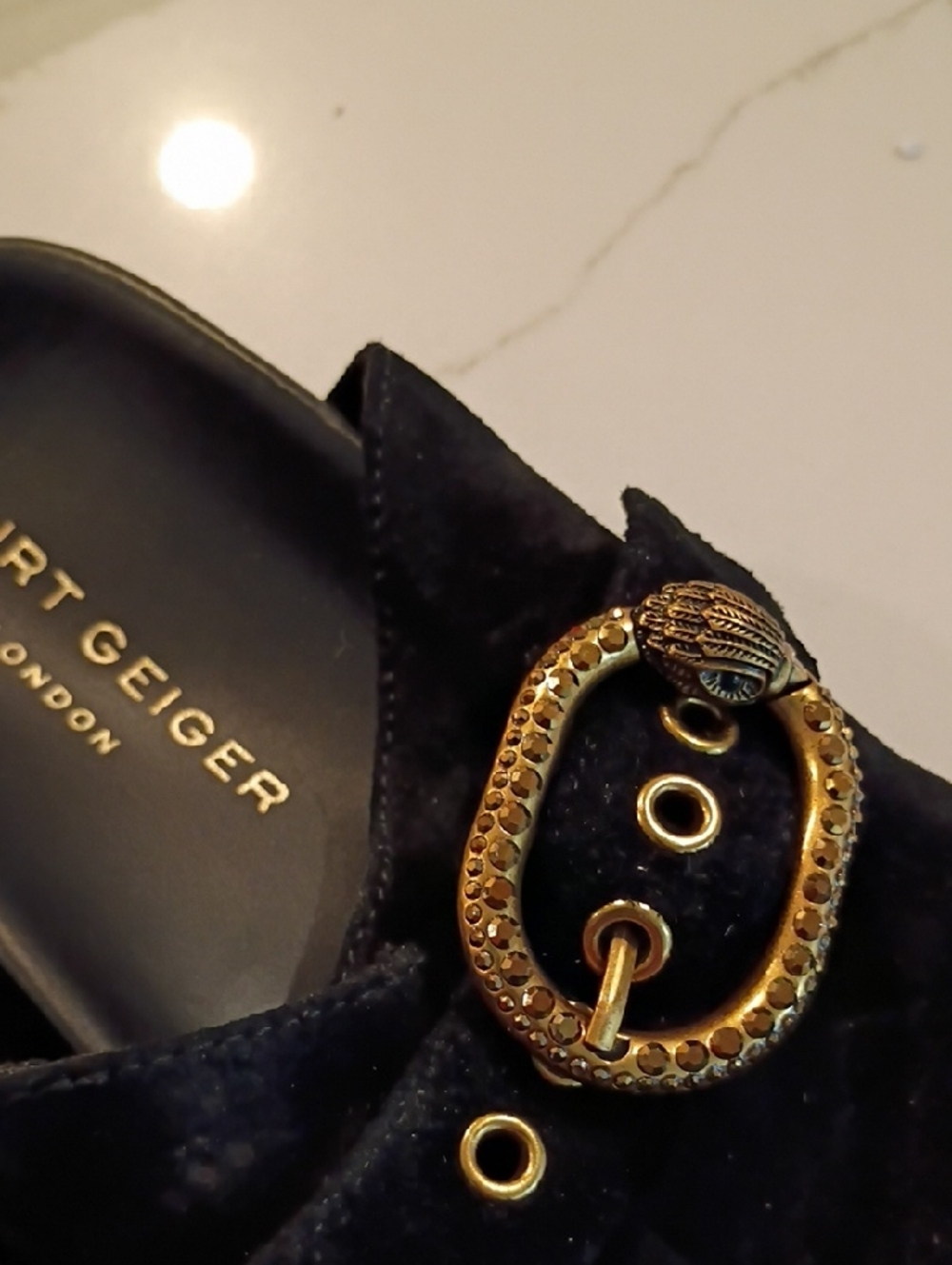 Kurt Geiger London Mayfair Crystal Embellished Eagle Head Buckle Mules Black - Picture 11 of 16